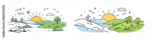 Seasonal landscape transition with spring and winter scenes