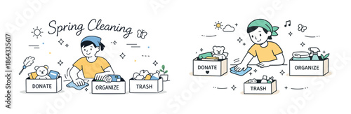 Female adult asian organizing and cleaning with labeled boxes for spring cleanup