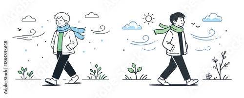 Young caucasian and asian males walking outdoors with scarves in windy weather