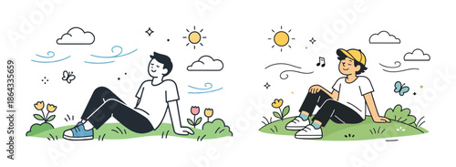 Cartoon young male characters relaxing outdoors with flowers and sunshine