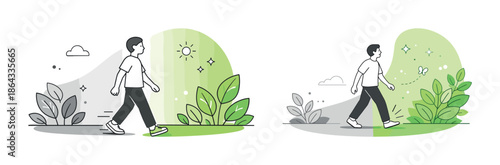 Contrast of urban vs. nature walks with male character