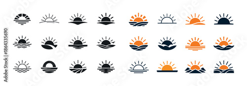 Sunset and sunrise icon set in various styles and designs