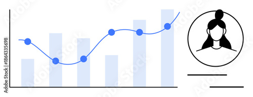 Growth bar chart with trend line and data points beside female user profile icon. Ideal for analytics, user trends, performance, growth tracking, data insights, research, reporting. Simple flat