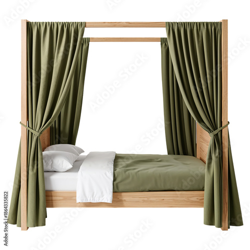 Canopy Bed With Green Curtains, Wooden Frame, and Neutral Bedding in Simple D...