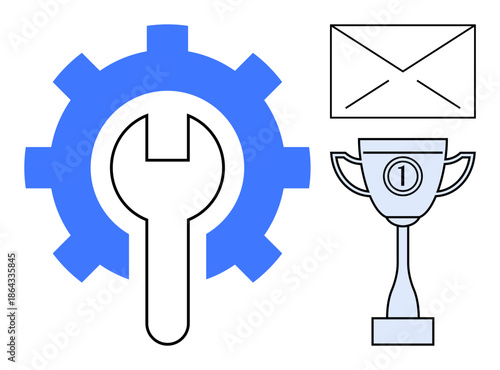 Tools concept. Gear and wrench alongside a trophy and envelope tools, teamwork, and success. Tools enhance communication, efficiency, and achievement. Perfect for business, success strategies