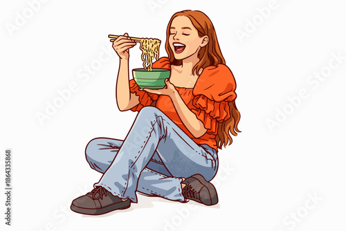 Cheerful person consuming a fast and delicious meal during break time.