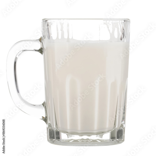 Glass Mug Filled With Milk on a Simple White Background Near Mid-Day