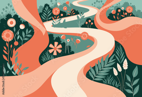 Winding Path through a Surreal Garden with Flowing Ribbons and Vibrant Blossoms Creating a Dreamlike and Colorful Wonderland