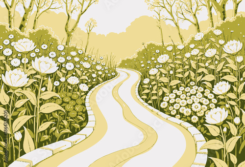 Serene Pathway Surrounded by Vibrant Blooming Flowers in a Tranquil Forest Setting Under a Bright Sky on a Peaceful Morning