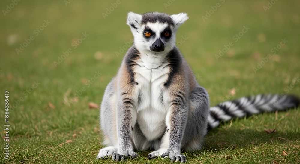 Fototapeta premium Ring-tailed Lemur Sitting Gracefully on a Grassy Field, Capturing Its Unique Features and Calm Demeanor in Natural Light