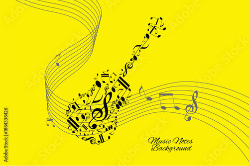 Abstract musical background design featuring a black treble clef and melody notes on a flowing wave vector illustration for classical jazz song composition
