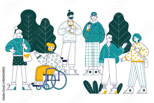 Hand drawn vector illustration of a funny cartoon woman and dog with a bag walking near a child and baby in a loving family art sketch