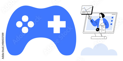 Gaming technology. Gaming controller and virtual meeting screen highlight digital interaction. Gaming blending with remote collaboration in tech applications. Perfect for media, education, tech