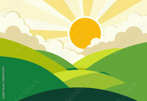 Bright Sun Rising Over Verdant Rolling Hills with Layered Clouds in a Vibrant Landscape Illustration Capturing the Essence of a Serene Natural Sunrise