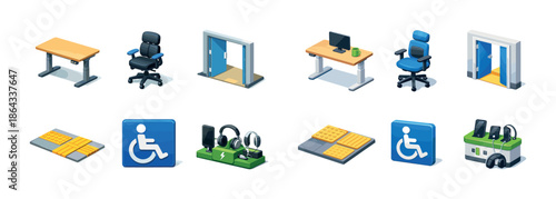 Office and accessibility equipment icons: desk, chair, door, charging station symbols