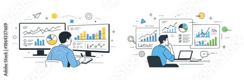 Asian male analyzing business analytics on dual monitors, focused on data visualization