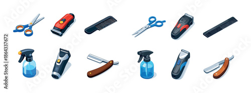 Barber tools collection: scissors, clippers, razors, combs, spray bottles