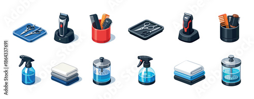 Barber shop tools: clippers, combs, scissors, towels, sprayers, and storage containers