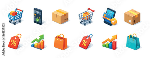 Colorful e-commerce icons with shopping carts and mobile payments