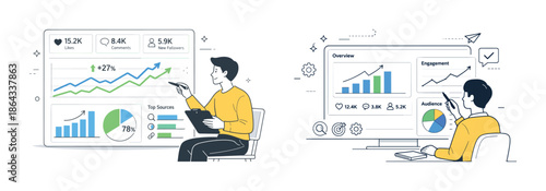 Male analyzing social media metrics on digital dashboard for engagement insights