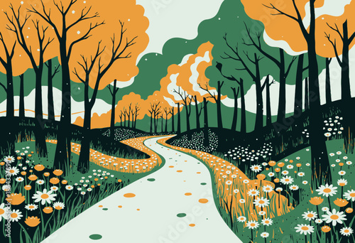 Colorful Autumn Pathway Through a Vibrant Forest with Brightly Colored Trees and a Serene Winding Road Lined with Flowers and Falling Leaves in a Whimsical Scene