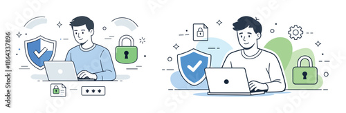 Caucasian young male using laptop with cybersecurity icons and safe online connectivity