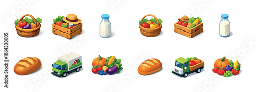 Colorful grocery icons: produce, dairy, bread, and delivery trucks