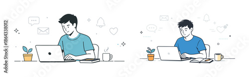 Young asian males working on laptops in a minimalist workspace