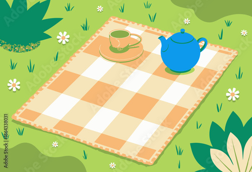 Colorful Picnic Scene Featuring a Teapot and Cup on a Checkered Blanket Surrounded by Greenery and Wildflowers on a Bright, Sunny Day