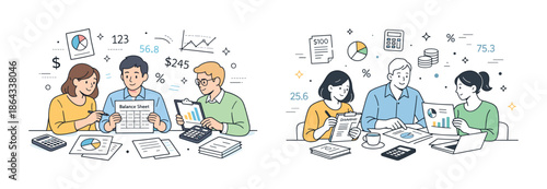 Diverse professionals analyzing financial reports and charts in office setting