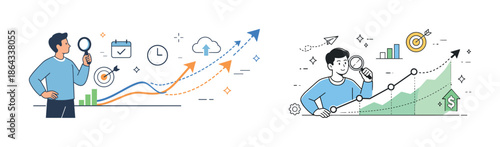 Young male analyzing data growth with graphs and charts