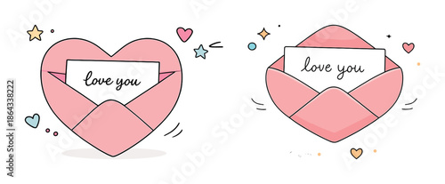 Heart-shaped envelopes with love notes and decorative elements