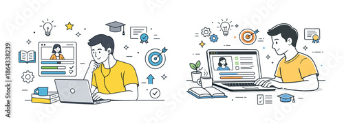 Asian young male engaged in online learning and job application with laptop