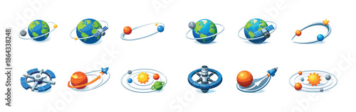 Colorful planetary icons with earth, mars, and space stations in orbit
