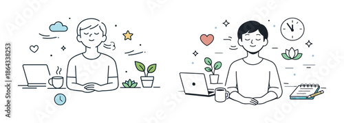 Meditating and working: young adult asian and caucasian men relax with laptops and coffee