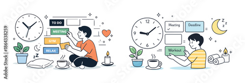 Young asian adult organizing daily schedule for work, gym, and relaxation