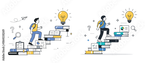 Young students climbing book stairs toward knowledge with bright ideas and curiosity