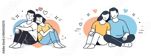 Illustration of couples relaxing together with heart motifs in pastel colors