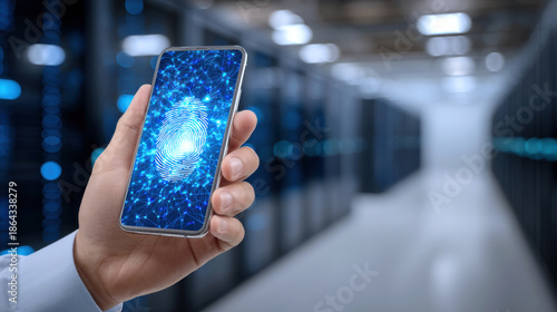 Close up of hand holding smartphone with glowing fingerprint scanner and network pattern, secure biometric access feeling