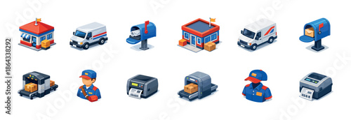 Isometric postal service icons with delivery vehicles, mailboxes, sorting machines, and uniformed workers