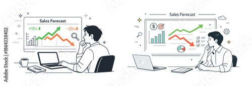 Male analyzing sales forecast data on laptop in office setting