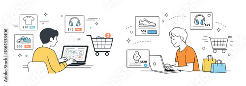 Online shopping illustration with diverse characters engaged in e-commerce activities