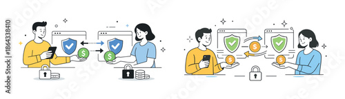 Male and female adults engaging in secure online transactions