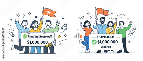 Diverse group celebrating secured funding with joyful expressions