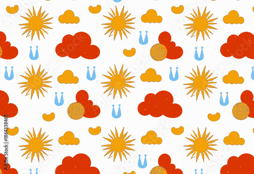 Seamless pattern with vibrant sun, fluffy clouds, and playful raindrops creating a dynamic weather motif against a crisp white background for creative design projects