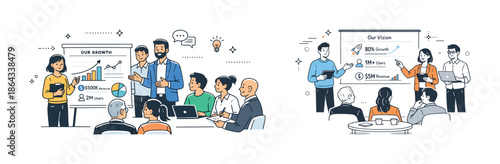 Business presentation with diverse team in office meeting for growth strategy and vision