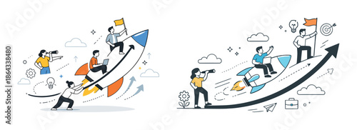 Diverse teamwork strategy with rockets and business growth concept