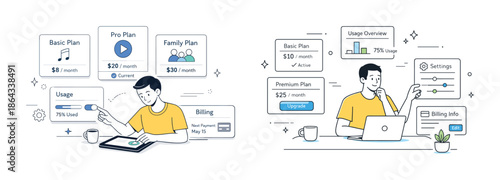 Asian young adult male managing subscription plans and usage on tablet and laptop