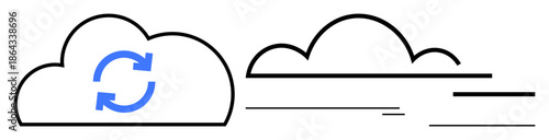 Two minimalistic cloud visuals, one with a blue synchronization arrow and the other representing streamlined movement. Ideal for cloud technology, data sharing, internet storage, file syncing