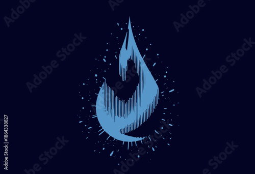 Abstract Illustration of a Shimmering Blue Water Droplet with Radiating Splashes Set Against a Dark Background Conveying Fluidity and Imagination